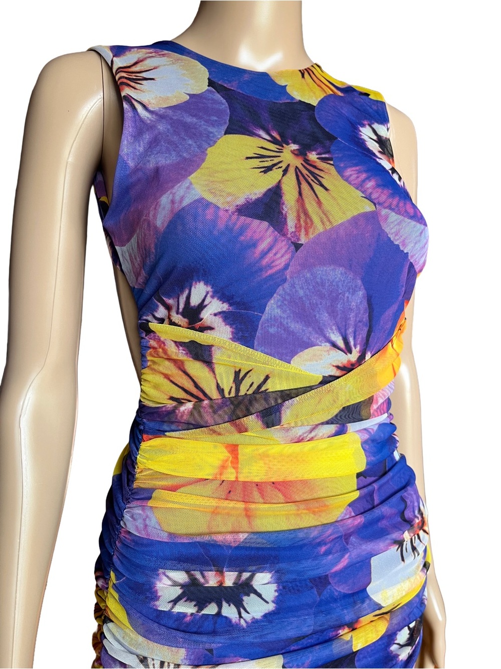 Zara Floral Ruched Tulle Midi Dress Open Back Mesh Bodycon S - Picture 4 of 9